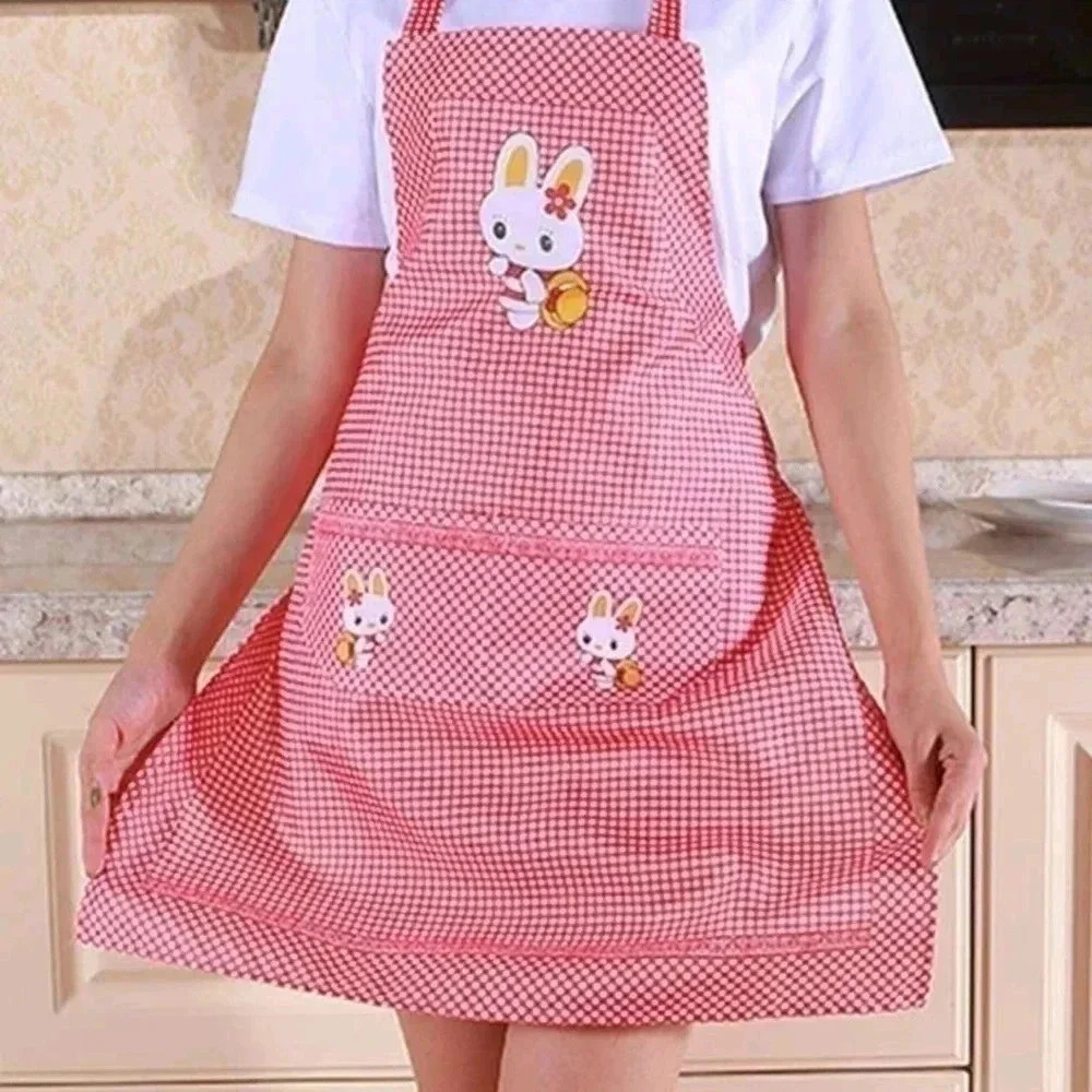 Pink checkered cute kawaii fun print apron dress bunny characters with pocket